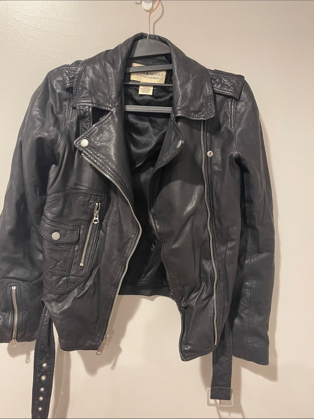 Ralph Lauren Black Leather Moto Jacket with Belted Hem - Picture 1 of 3